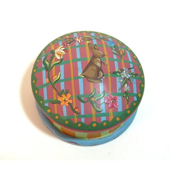 Painted Wood Trinket Box With Rabbit And Flowers - Picture 1 of 4
